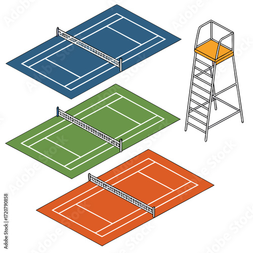 Vector art of isometric tennis courts in blue, green, and orange with a umpire chair