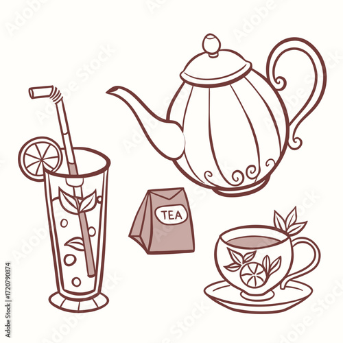 Vector art of handdrawn illustration of a teapot, a cup of tea, a glass of iced tea with lemon and mint, and a tea bag