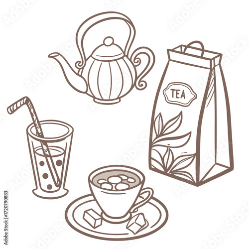 Vector art of handdrawn illustration of tea bag, teapot, cup of tea, and glass of iced tea