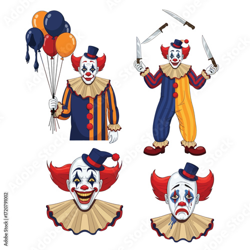Four cartoon clowns depicted with different expressions and props, including balloons and knives.