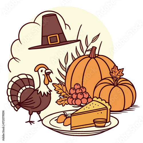 Vector art of thanksgiving holiday illustration with turkey, pumpkins, pie, and pilgrim hat
