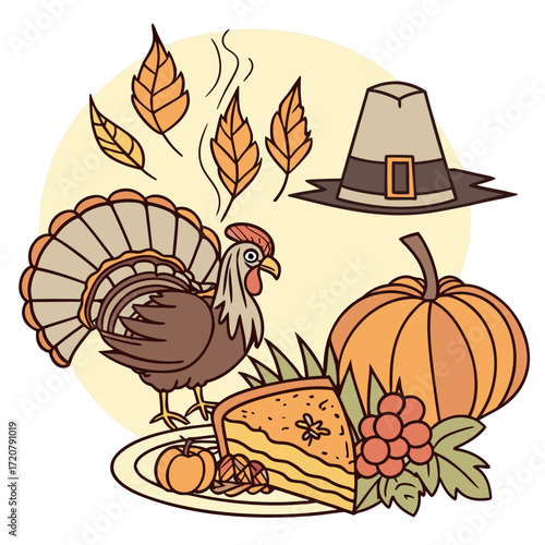 Vector art of thanksgiving illustration featuring a turkey, pumpkin pie, pilgrim hat, and autumn leaves