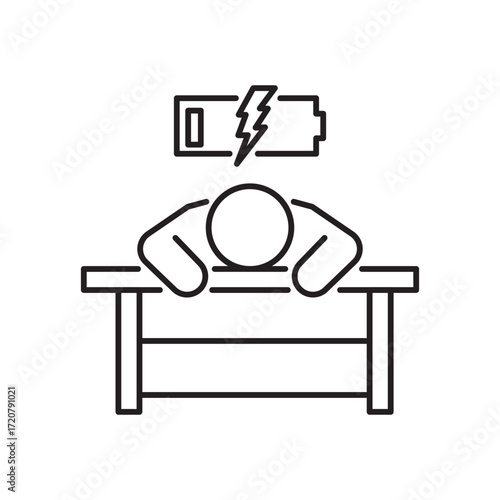 tired person in the workplace, tiredness or burnout icon, low level energy in work battery, exhausted and sleepy man, thin line symbol - editable stroke vector illustration