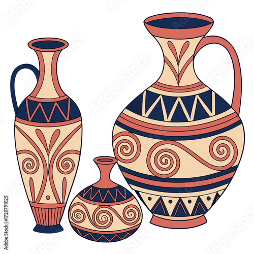 Vector art of collection of three ancient greek style pottery vases with decorative patterns