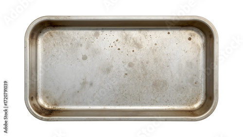 Old stained metal baking tray with scratches and grease marks isolated on the transparent background, used kitchenware for cooking and food preparation