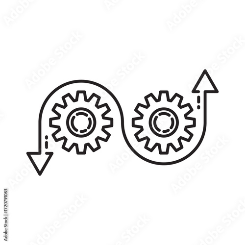 agile process icon, flexible work software, methodology development, arrow with gears, thin line symbol on white background - editable stroke vector illustration