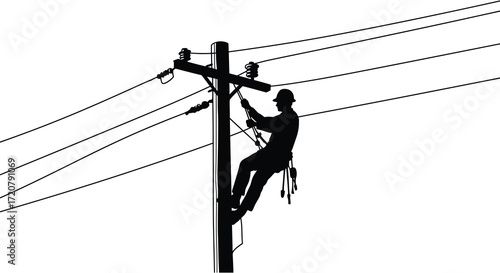 Electrician silhouette climbs utility pole working on overhead power lines against sky isolated on white background