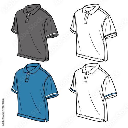Vector art of set of four polo shirts, two in color and two in outline, displayed on a