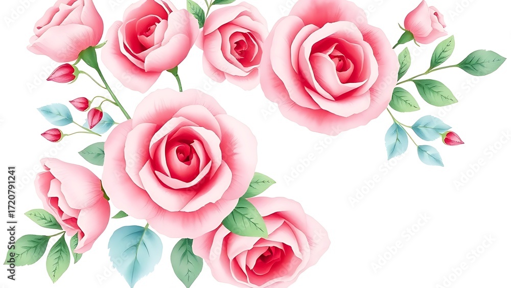 Fototapeta premium Watercolor floral wreath with pink roses, soft painted texture on a clean white background. 