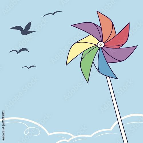 Vector art of colorful pinwheel spinning in the sky with birds flying by and clouds below