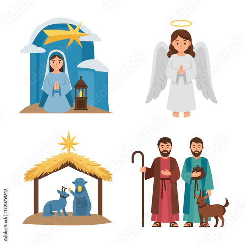 Christmas nativity scene illustration with Mary, angel, stable, and shepherds.