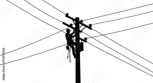 Silhouette of lineman working on power pole and overhead electrical lines transmission infrastructure isolated on white background