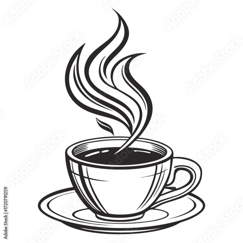 Vector art of steaming cup of coffee on a saucer