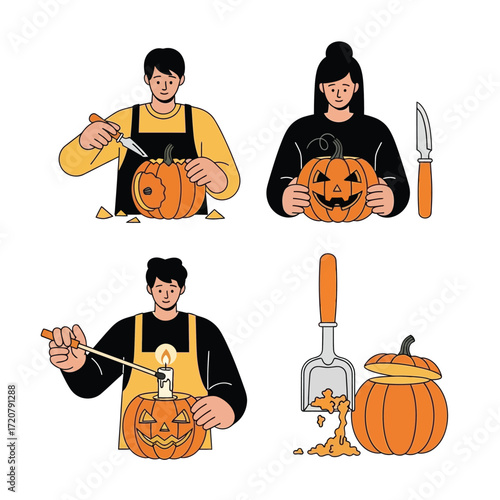 A step-by-step illustration of carving a pumpkin for Halloween.