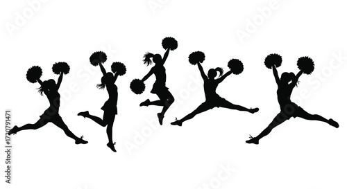 Energetic cheerleaders performing dynamic jumps with pom poms in silhouette isolated on white background