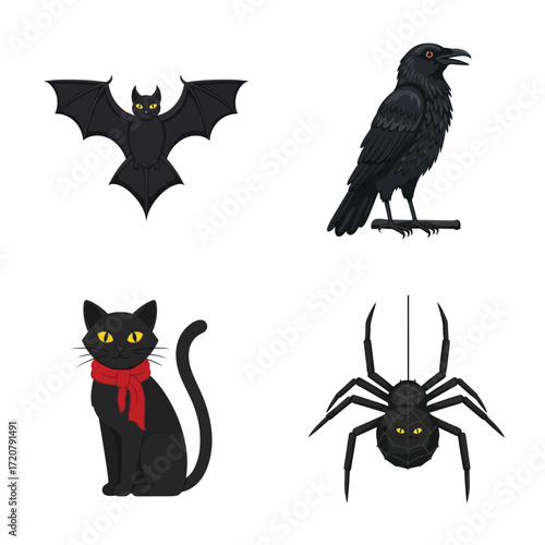 Spooky Halloween creatures: a black bat, crow, cat, and spider.