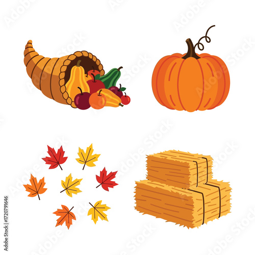 A colorful illustration featuring a cornucopia overflowing with produce, a pumpkin, autumn leaves, and hay bales.