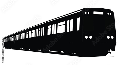 Modern electric train silhouette traveling on tracks representing transportation and commuting isolated on white background