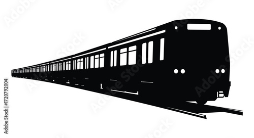 Modern commuter train silhouette moving on tracks express transportation medium shot isolated on white background