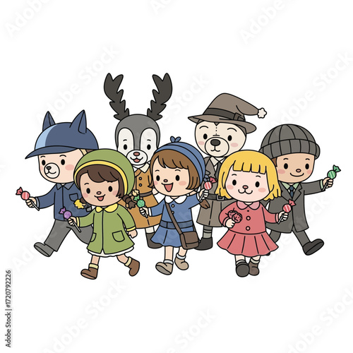 Happy children, dressed in animal costumes and winter wear, joyfully stroll together, holding candy.