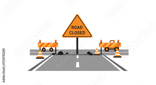 Road closed signage construction barricades and traffic cones on a highway isolated on white background