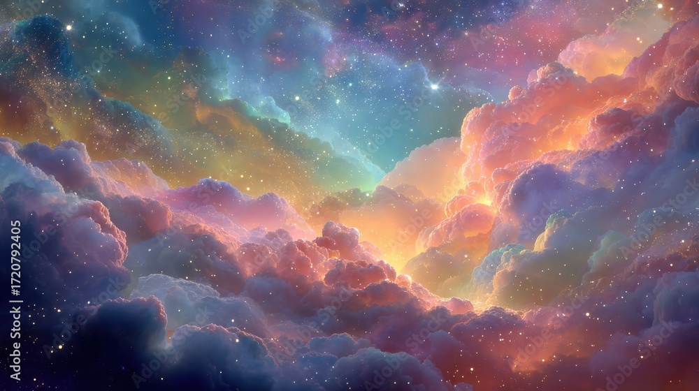 Fototapeta premium Colorful Cosmic Clouds Against Starry Sky with Glowing Lights and Ethereal Glow in Deep Space Atmosphere