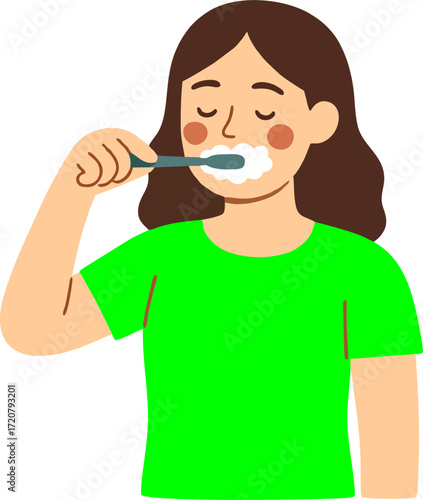 Young woman brushing teeth with toothpaste
