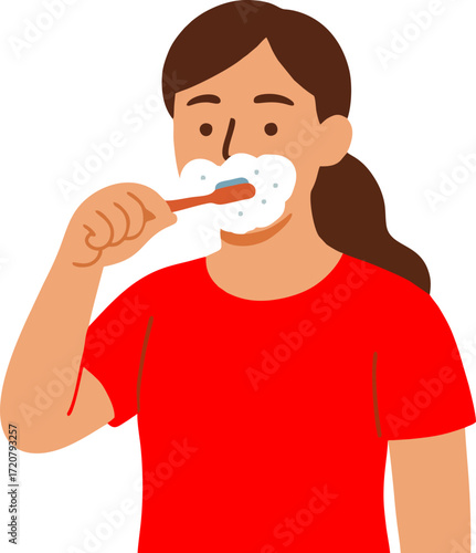 Young woman brushing teeth with toothpaste
