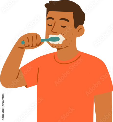 Young man brushing teeth with toothpaste