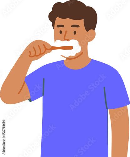 Young man brushing teeth with toothpaste