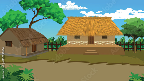 Charming village scene with traditional huts and lush greenery evokes peaceful rural lifestyle and rustic charm for idyllic travel and cultural exploration