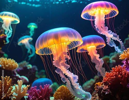 Fototapeta Naklejka Na Ścianę i Meble -  Vibrant jellyfish in a coral reef