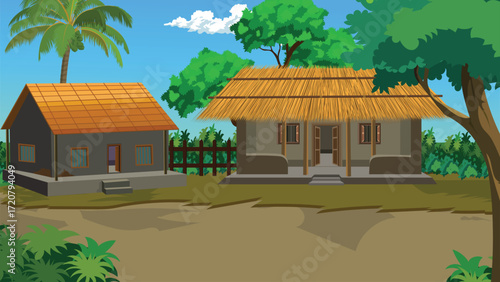 Discover the Charm of Rural Living with this Peaceful Village Scene Featuring Traditional Homes, Lush Greenery, and a Bright Blue Sky