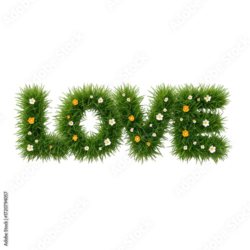 Green grass letters spelling LOVE with small white and orange flowers on a transparent background Keywords: love, grass, flowers isolated on a transparent background
