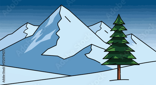 Illustration of snowy mountains with tree winter landscape art