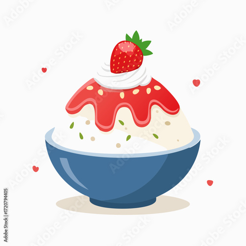 A delightful bowl of Korean bingsu, a shaved ice dessert topped with cream, strawberry syrup, and a fresh strawberry. A perfect summer treat.