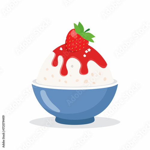 A delightful bowl of Korean bingsu, a shaved ice dessert topped with cream, strawberry syrup, and a fresh strawberry. A perfect summer treat.