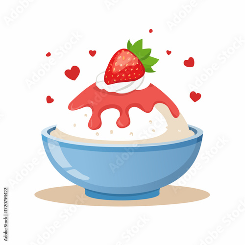 A delightful bowl of Korean bingsu, a shaved ice dessert topped with cream, strawberry syrup, and a fresh strawberry. A perfect summer treat.