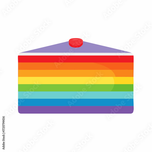 A vibrant, multi-layered rainbow cake with a strawberry on top. This colorful illustration represents celebration, joy, and delicious sweet dessert.