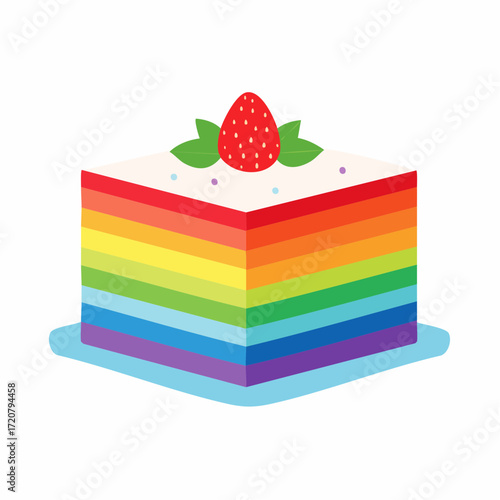 A vibrant, multi-layered rainbow cake with a strawberry on top. This colorful illustration represents celebration, joy, and delicious sweet dessert.