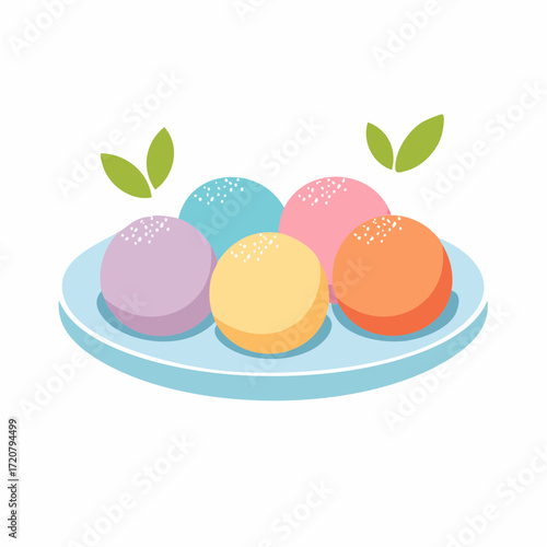 
A bowl of colorful mochi balls in pastel shades. This illustration represents a Japanese dessert in a clean, modern, flat design. A delicious and sweet treat.