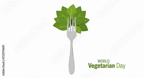 Silver fork with green leaves above it, celebrating World Vegetarian Day on a white background.