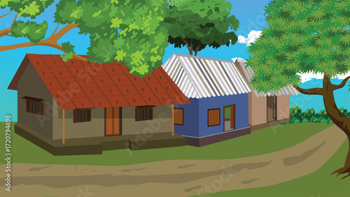 Quaint village houses nestled under lush trees invite a sense of peaceful rural living and simple charm, perfect for backdrops and storytelling needs