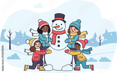 Children building snowman winter scene holiday fun illustration