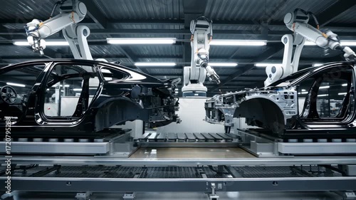 Robotic arms assembling car chassis on a modern automotive production line