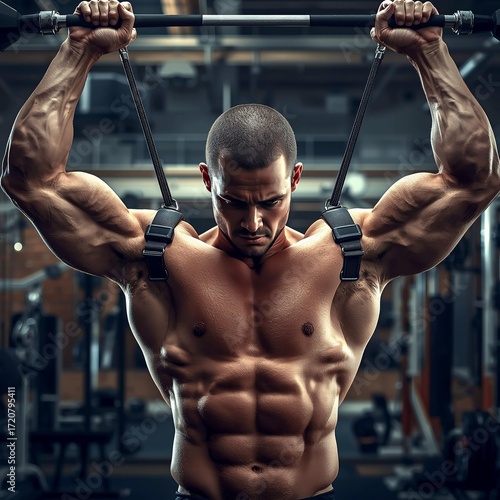 Muscular male athlete performing weighted chin ups during gym workout emphasizing hardcore training strength stamina and resilience in professional fitness studio