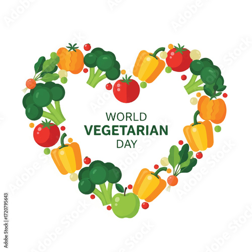 Heart-shaped arrangement of colorful vegetables and text celebrating World Vegetarian Day on a clean white background with a flat lay composition.