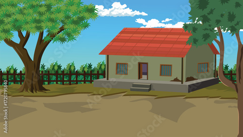 Cozy country home nestled amongst lush trees and a vibrant blue sky, perfect for illustrating nature, family life, or rural community settings