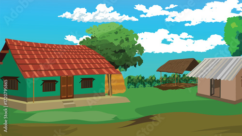 Discover the charm of rural living with this peaceful village scene under a blue sky, showcasing simple homes nestled in a lush, green landscape