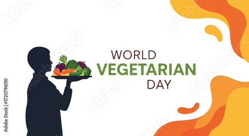 Silhouette of a person holding a plate of colorful vegetables on World Vegetarian Day with a vibrant, abstract background.